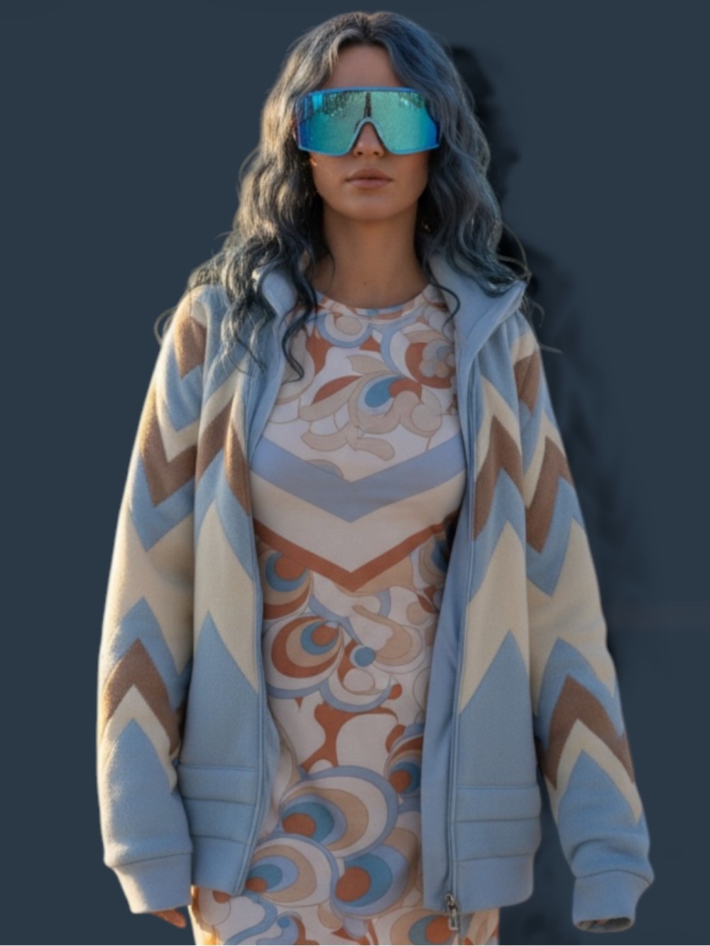 Bogner Chevron Ski Jacket in Light Blue, Cream, and Tan Some Stains